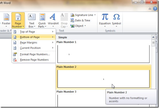 page numbers in word