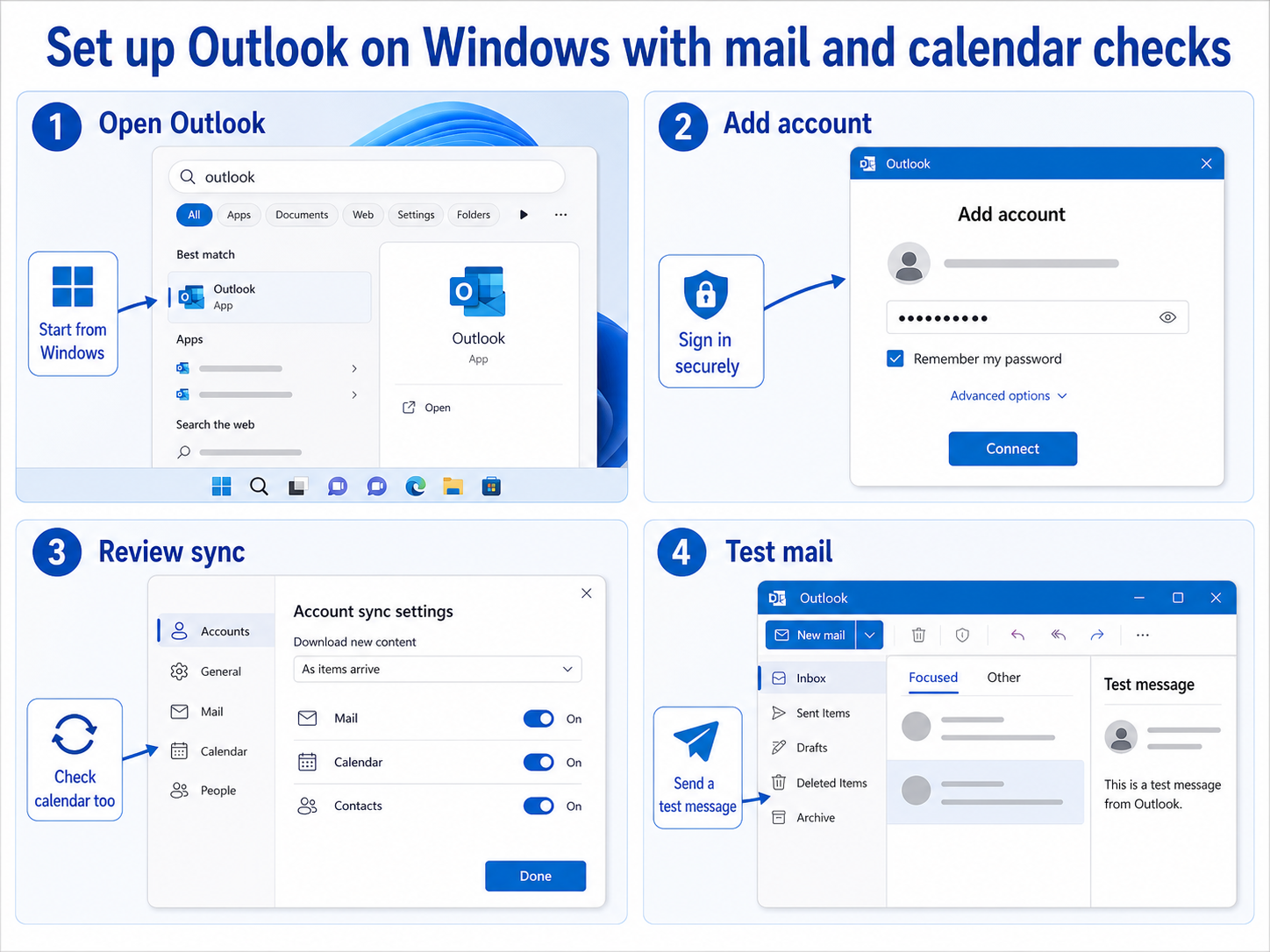 Outlook first setup on Windows 11 workflow