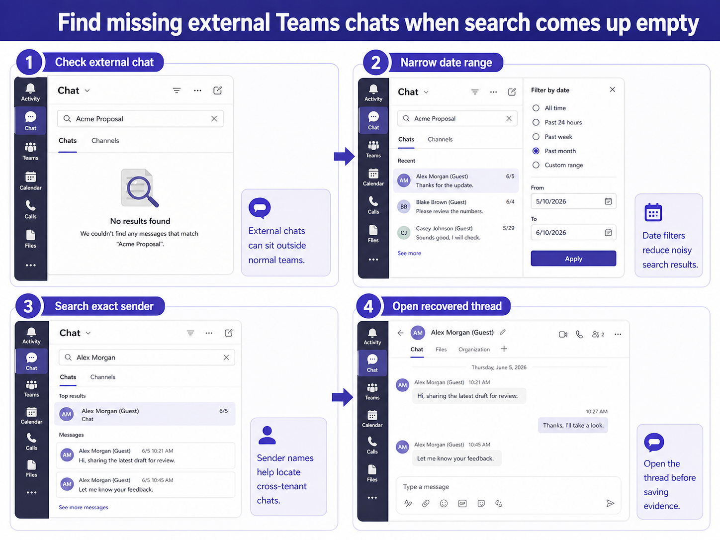 External Teams chat search troubleshooting workflow