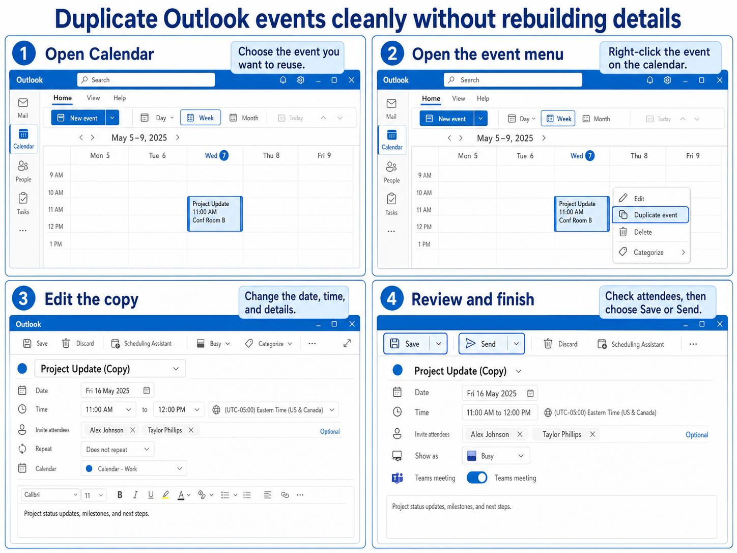 Four-step new Outlook workflow for duplicating a calendar event