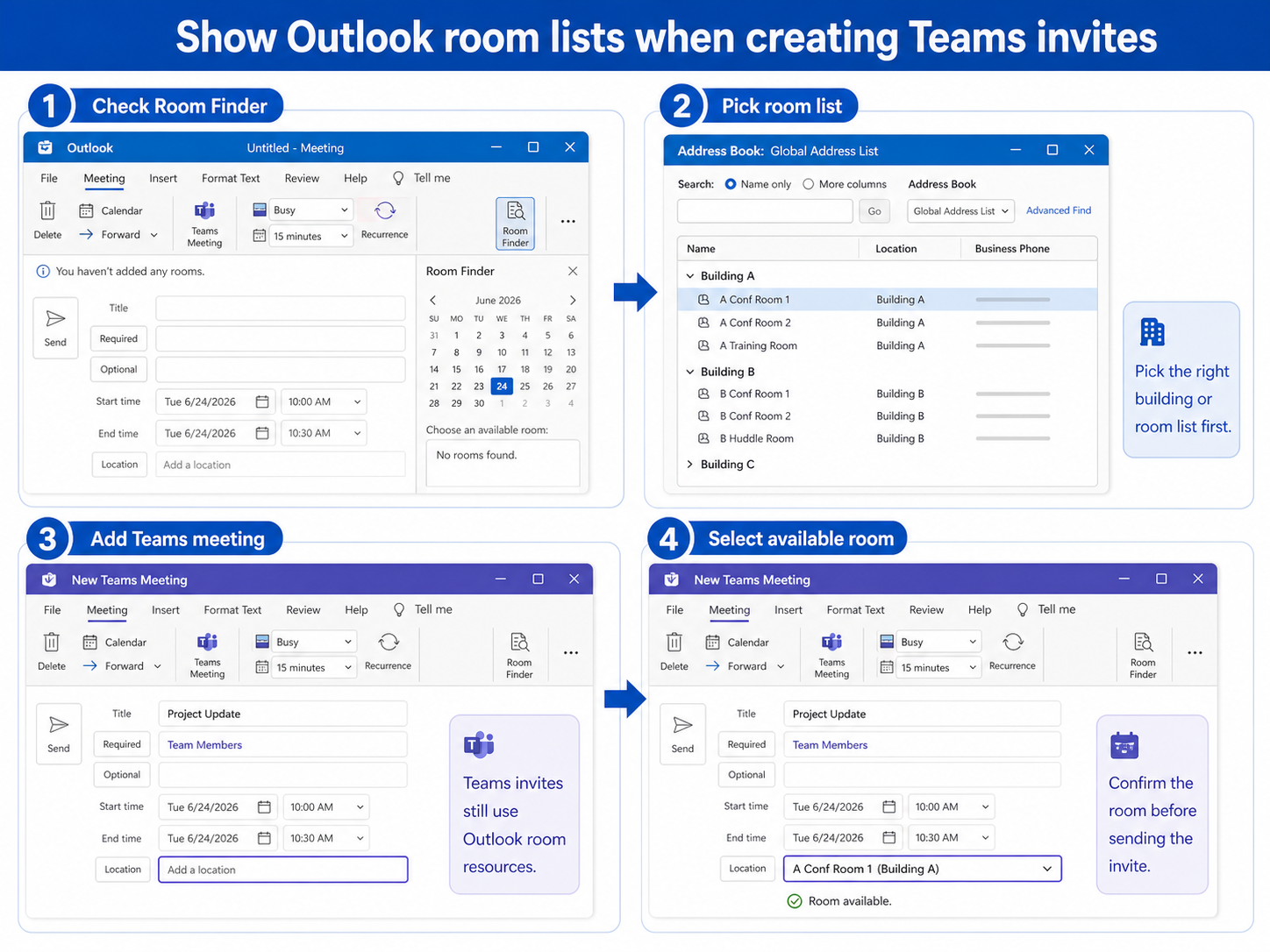 Outlook room list selection for Teams meeting invites
