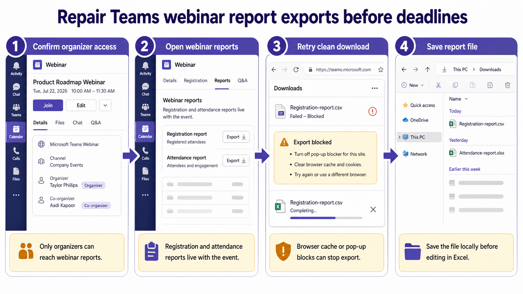 Teams webinar report export troubleshooting workflow