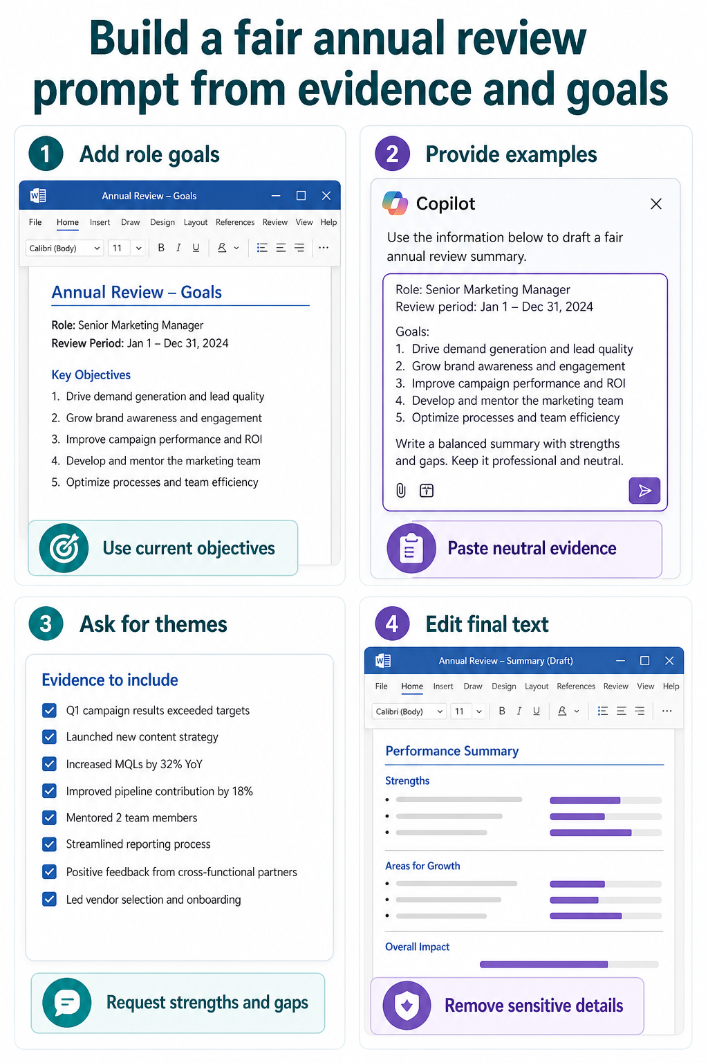 Copilot annual review prompt based on goals and evidence