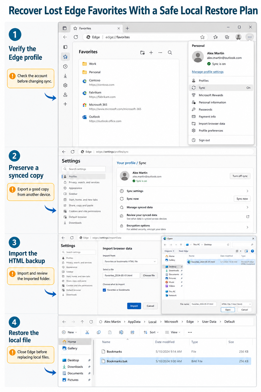 Microsoft Edge favorites recovery workflow using profiles, sync, HTML import, and local backup files