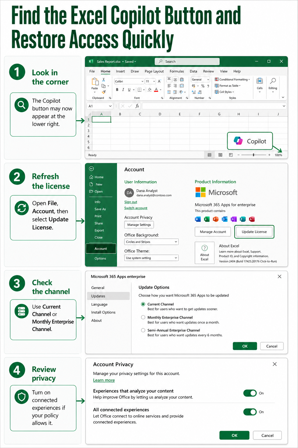 Excel workflow for locating the Copilot button and checking license, update channel, and privacy settings