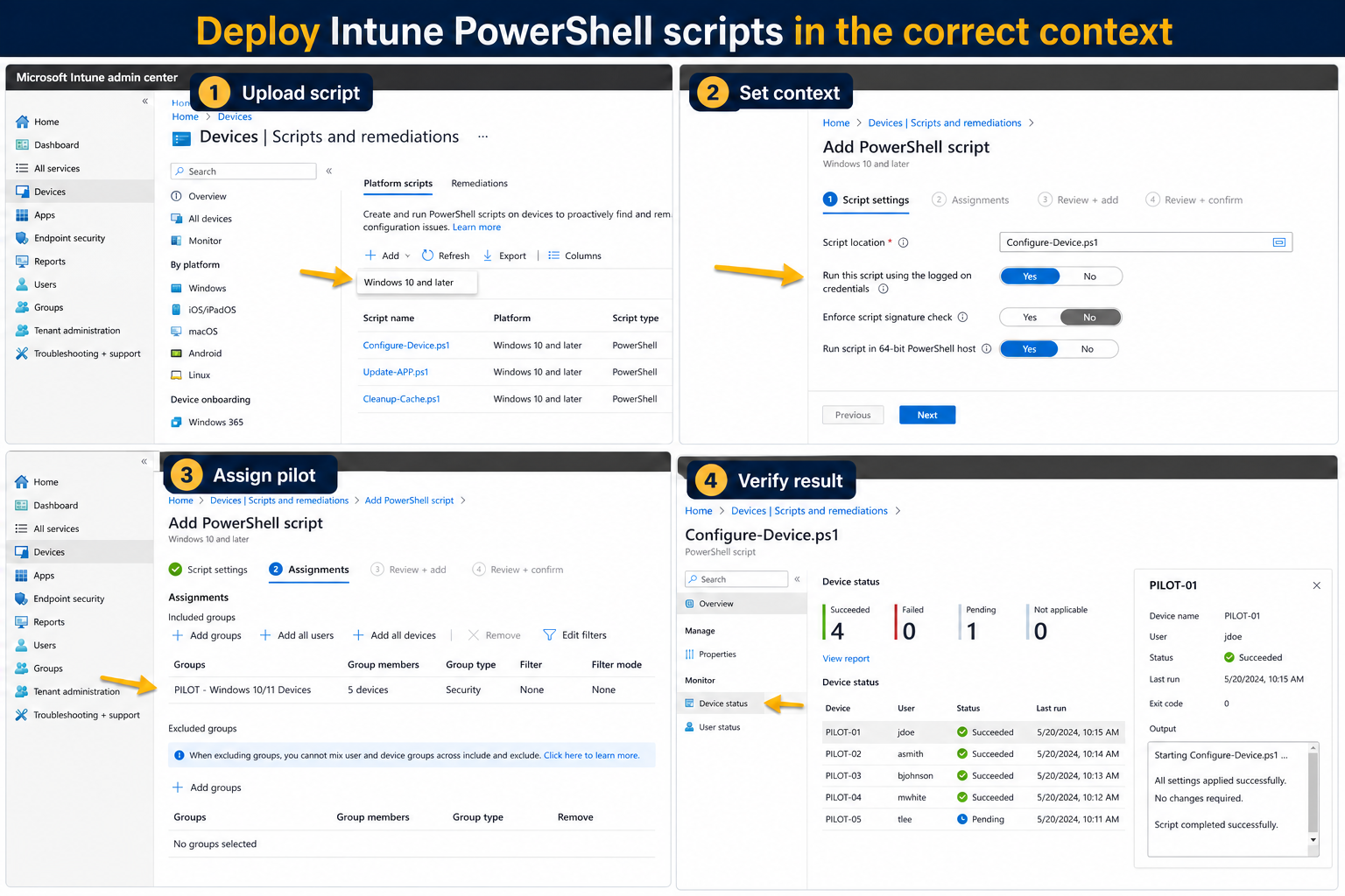 Intune PowerShell platform script upload assignment and monitoring