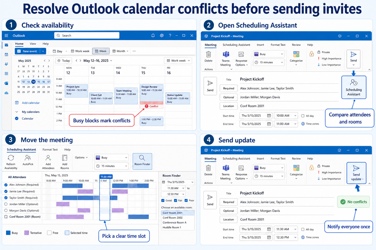 Outlook workflow for resolving calendar conflicts with Scheduling Assistant