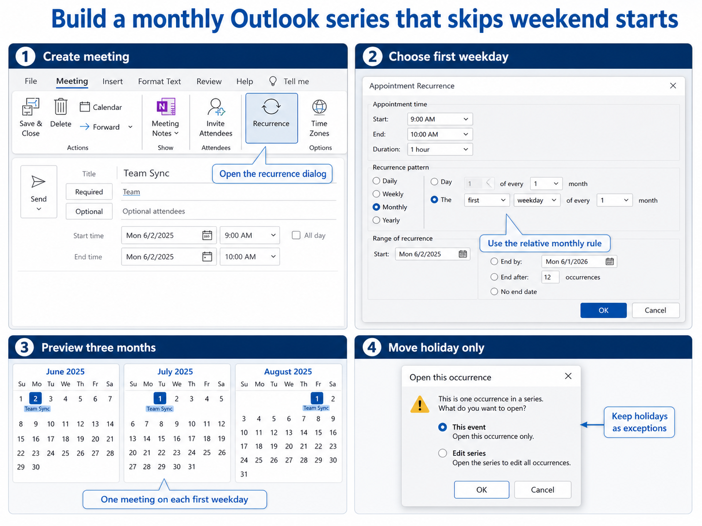 Outlook monthly meeting setup showing Meeting, Recurrence, Monthly, first weekday, range, and calendar preview