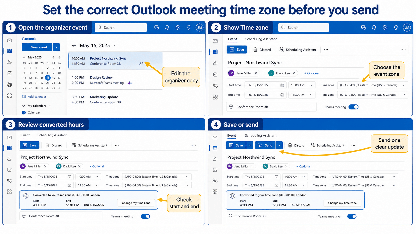 Outlook meeting form showing start, end, and time zone checks