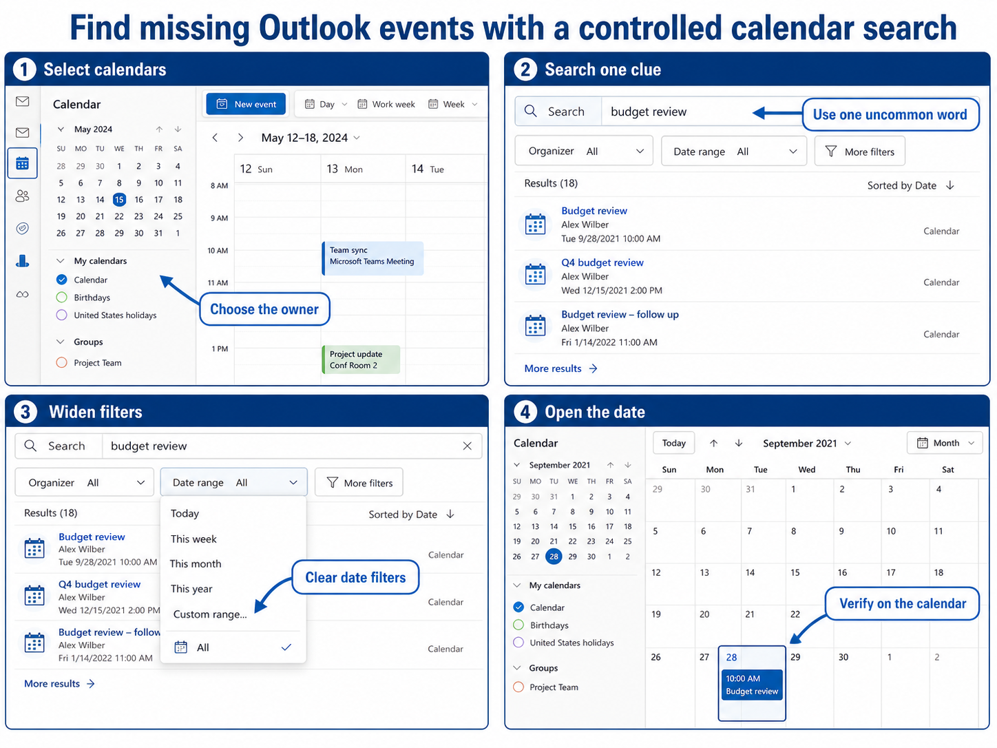 Find missing Outlook events with a controlled calendar search