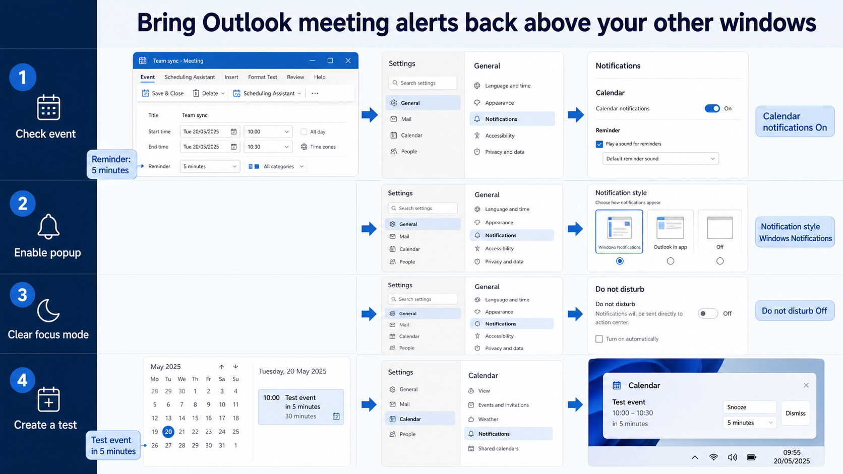 Bring Outlook meeting alerts back above your other windows
