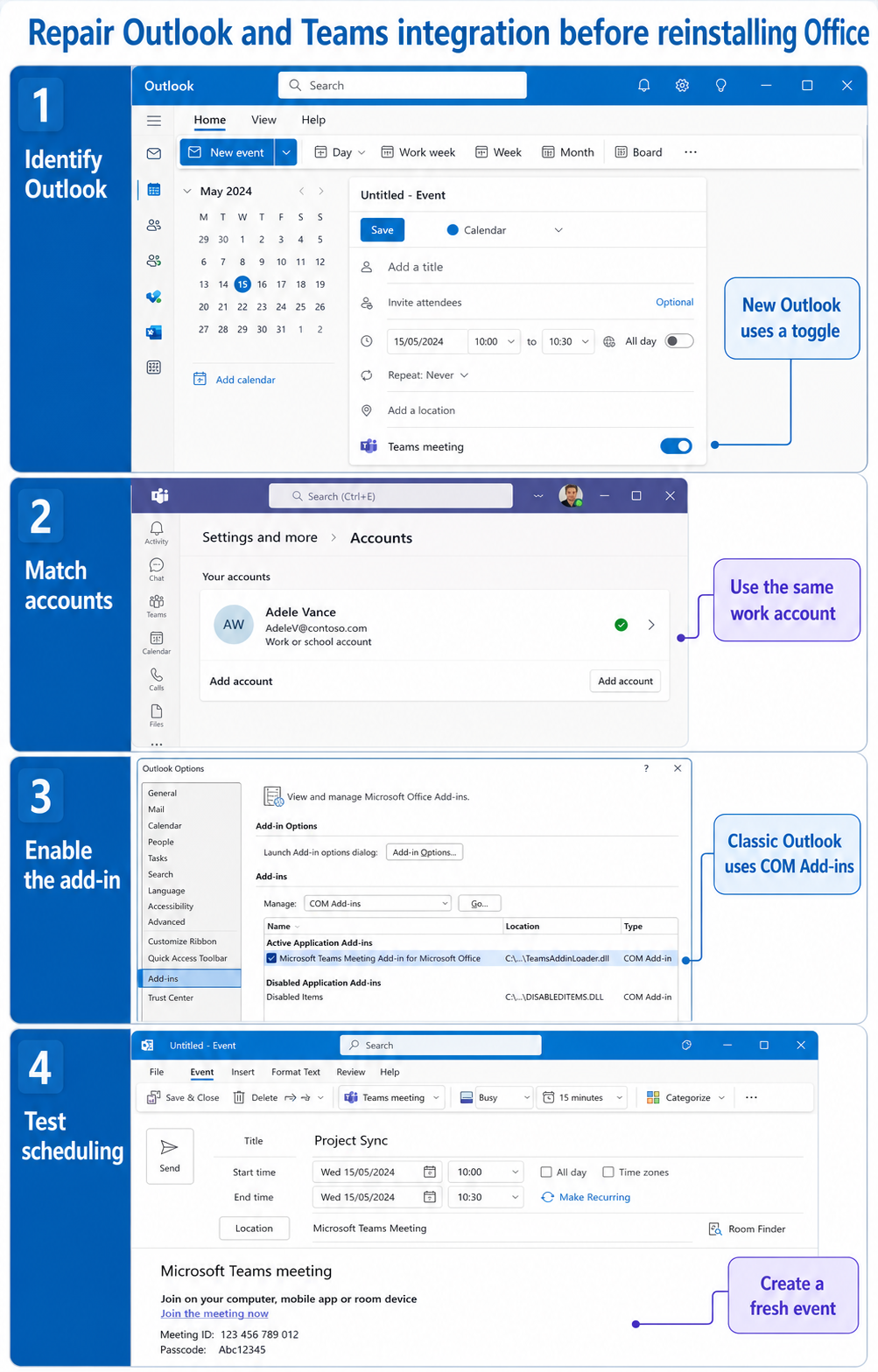 Outlook client decision and Teams meeting add-in recovery screens