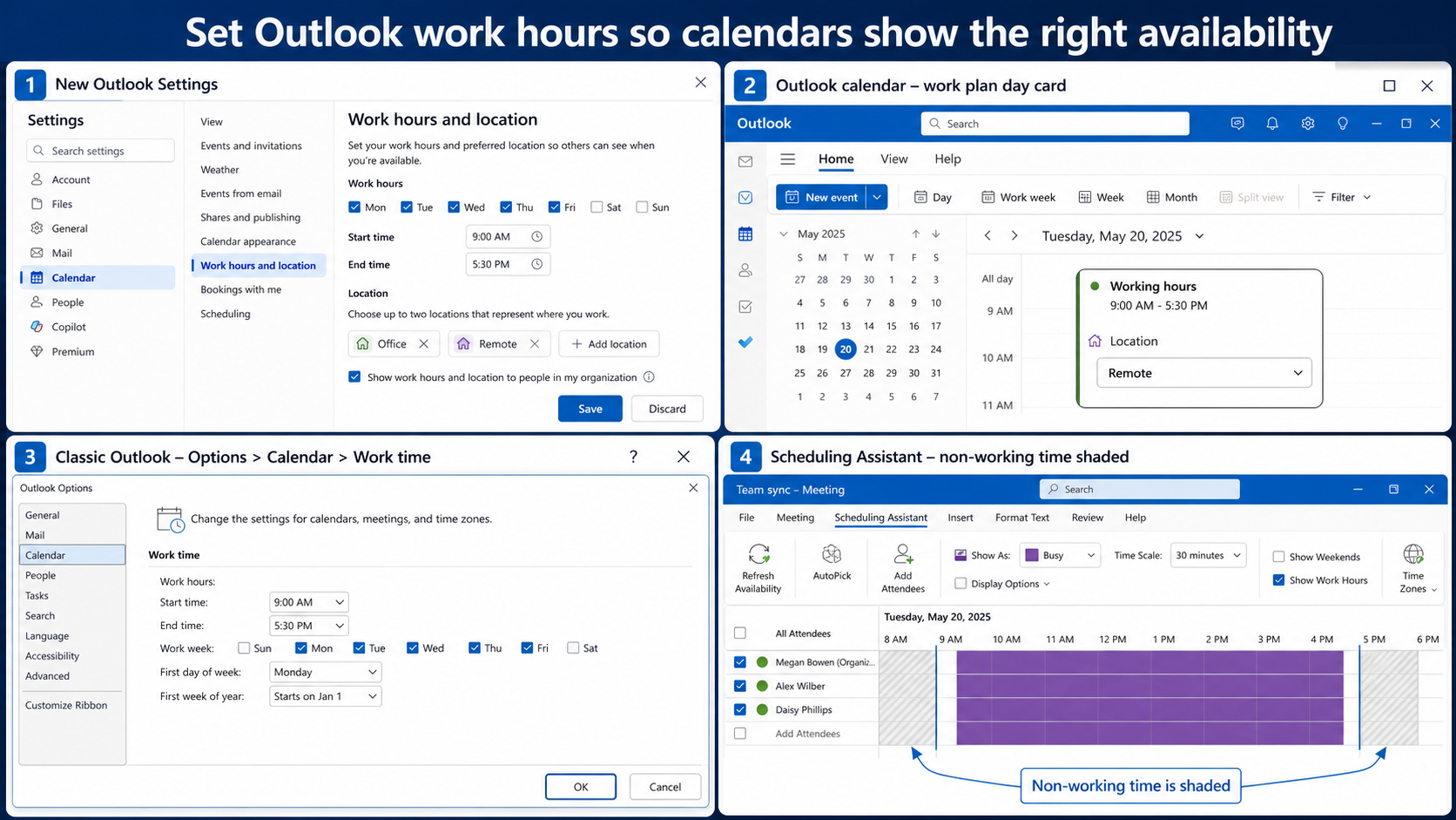 Outlook work hours settings, work plan card, classic Outlook work time, and Scheduling Assistant views