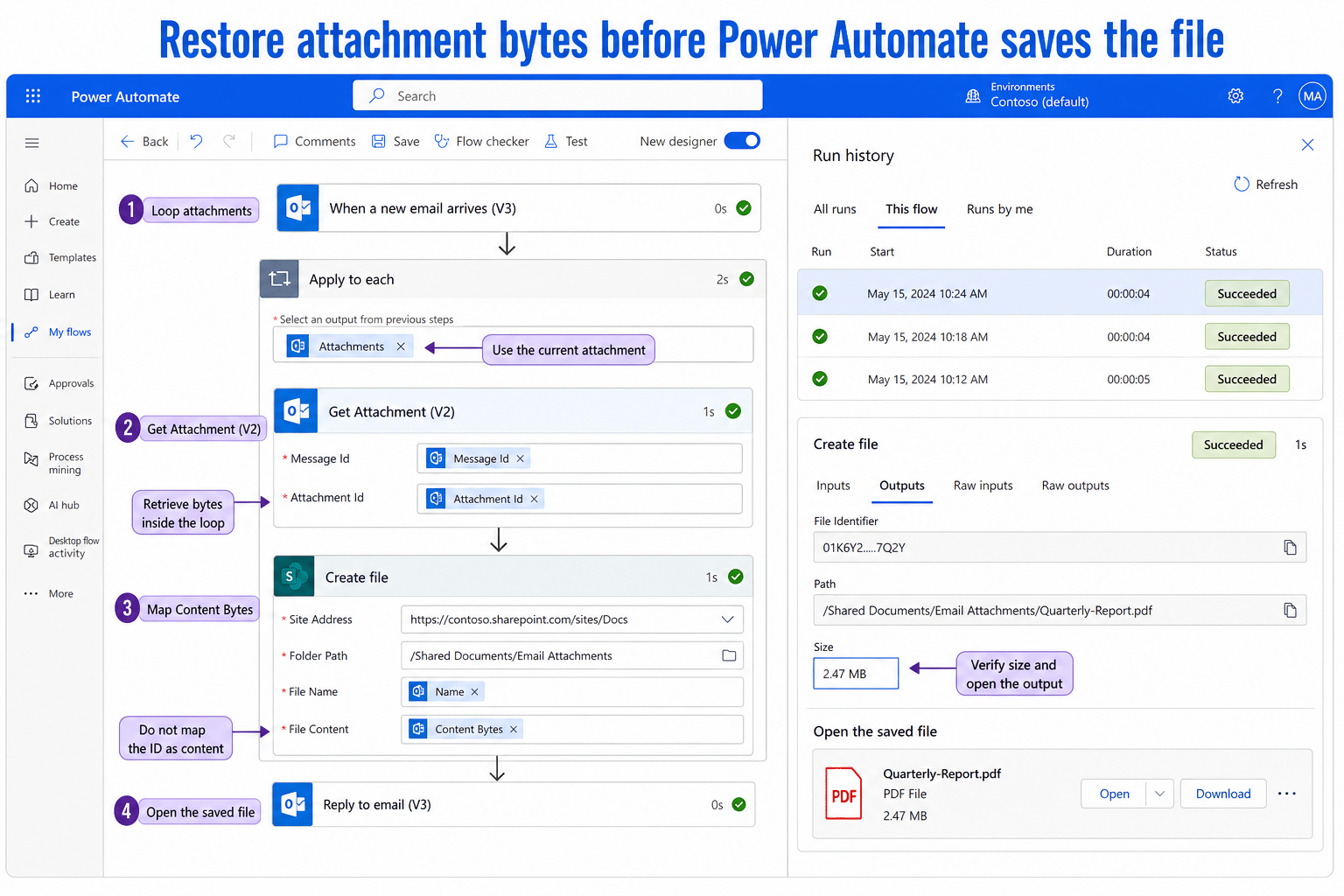 Power Automate flow retrieving Content Bytes inside an attachment loop