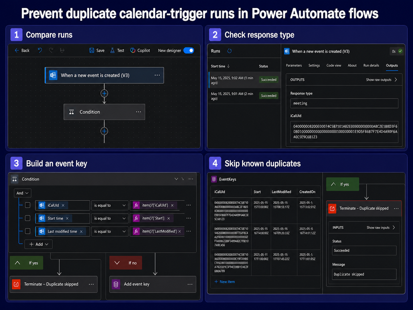 Power Automate calendar trigger run history and duplicate filtering workflow