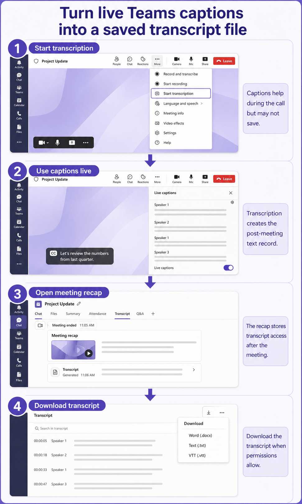 Teams captions and transcript save workflow