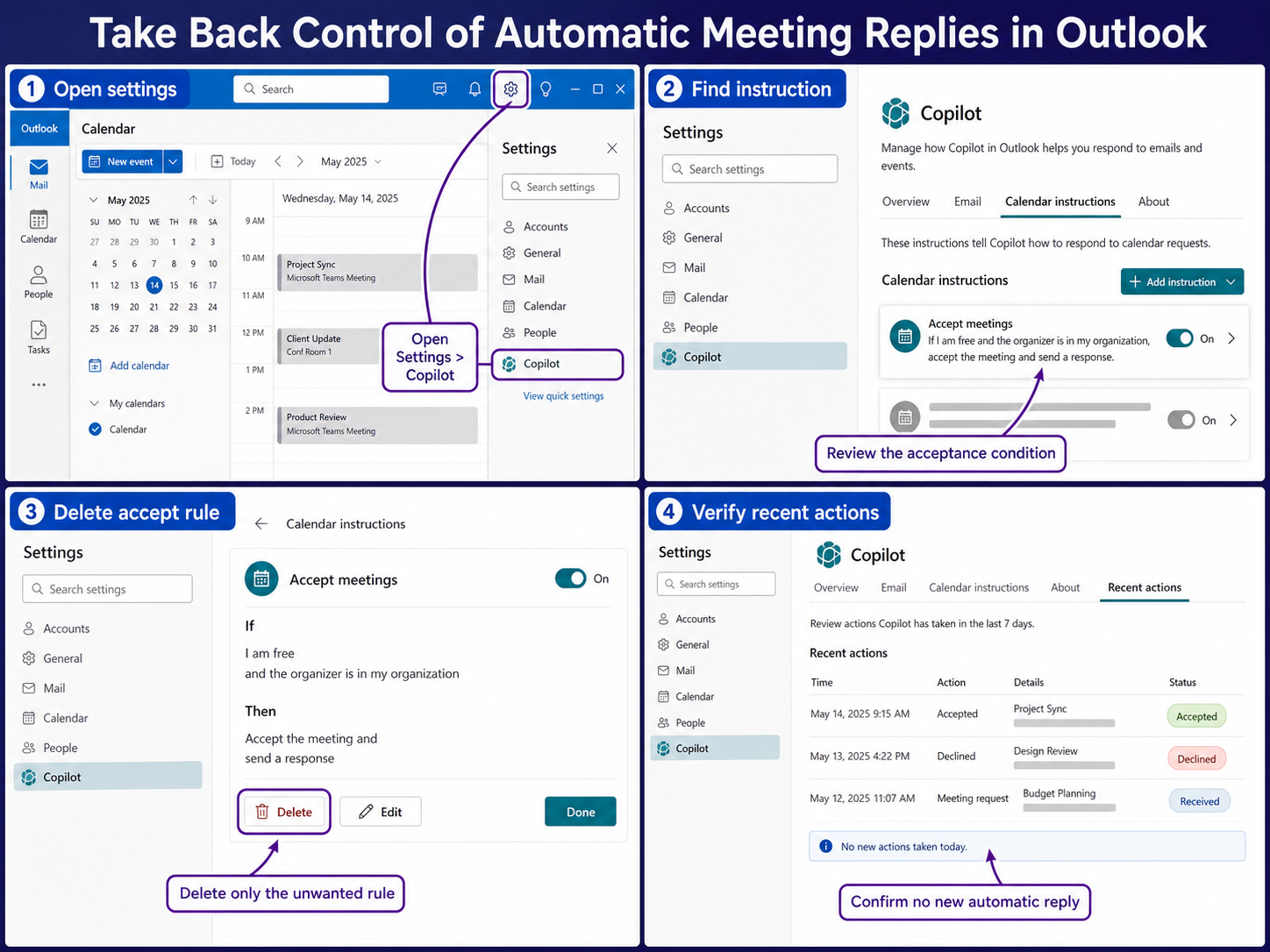 Outlook and Copilot controls for stopping automatic meeting replies