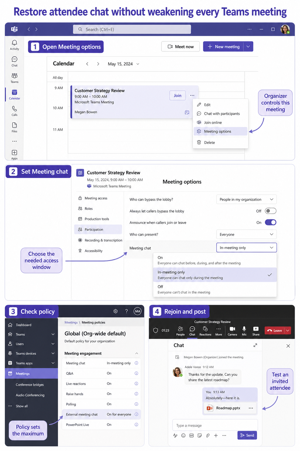 Microsoft Teams meeting chat access workflow showing Calendar, Meeting options, Meeting chat choices, policy controls, and attendee rejoin
