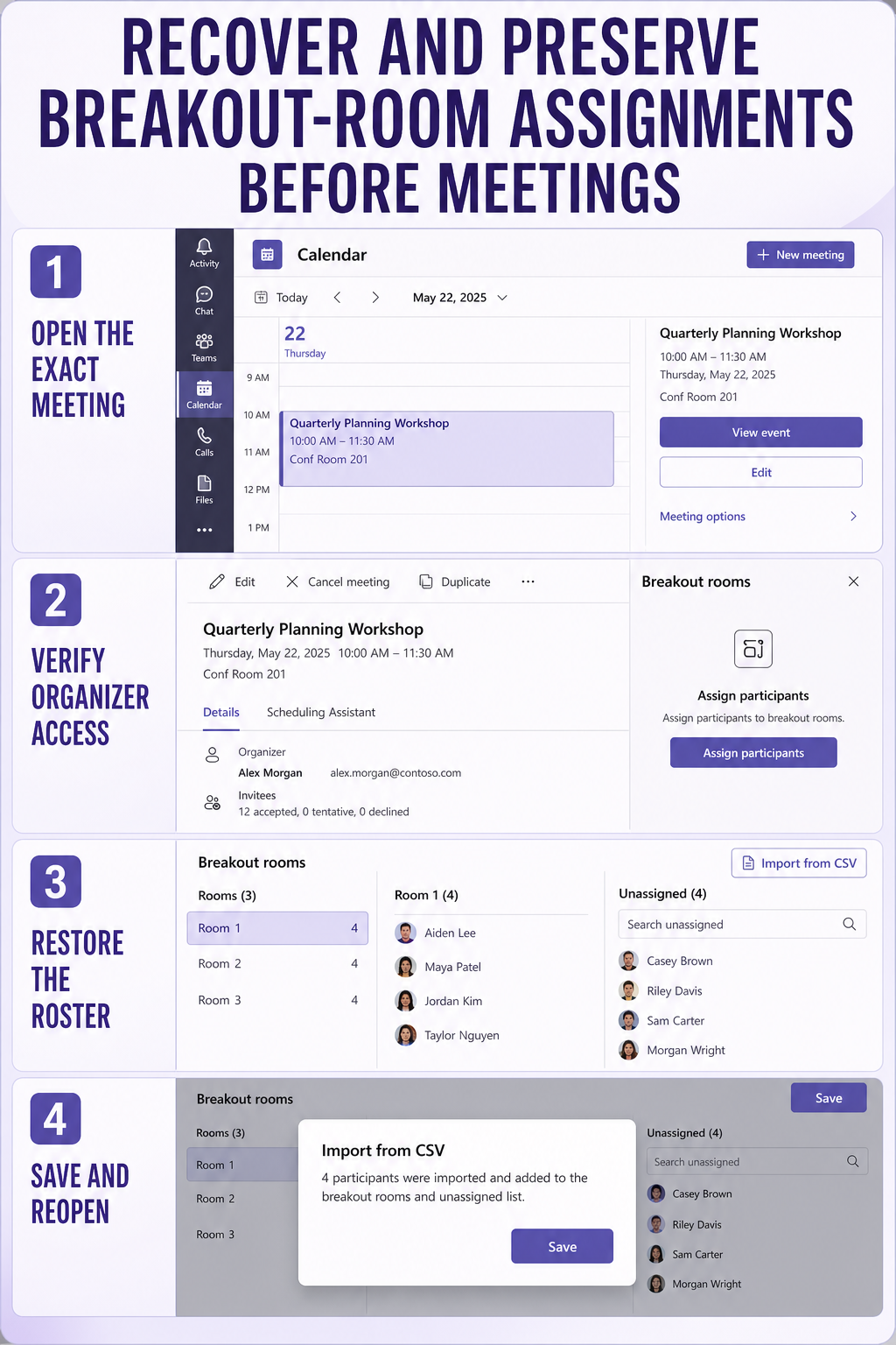 Teams breakout room assignment recovery with meeting occurrence and participant roster