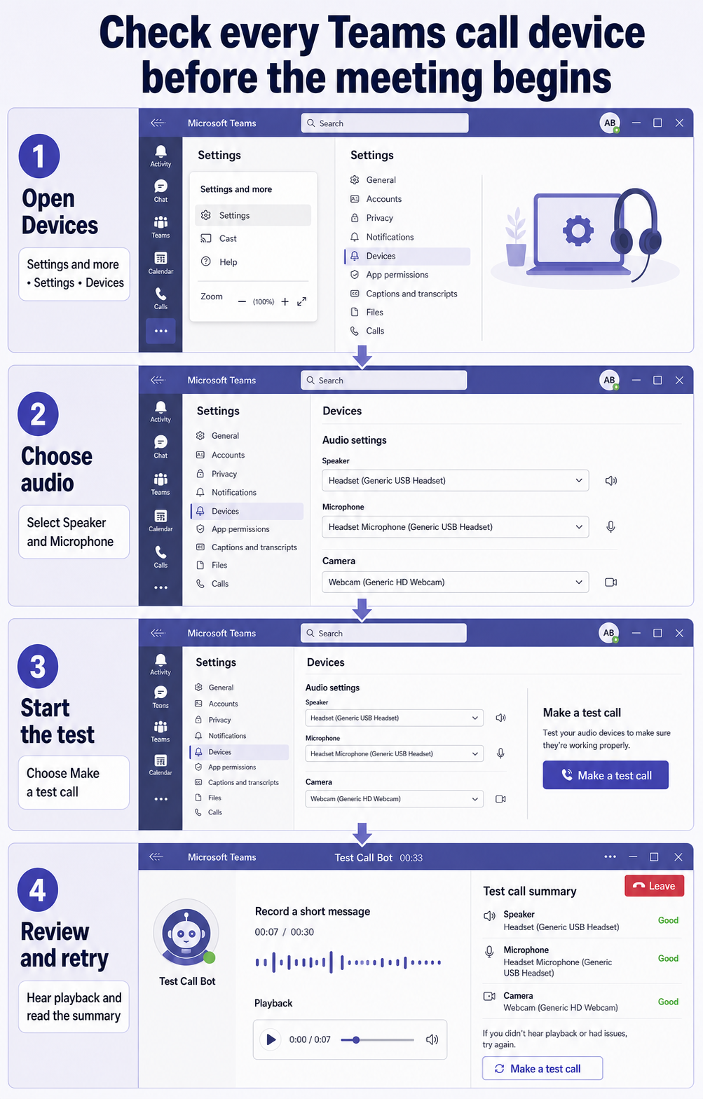 Teams Devices settings and Test Call Bot workflow