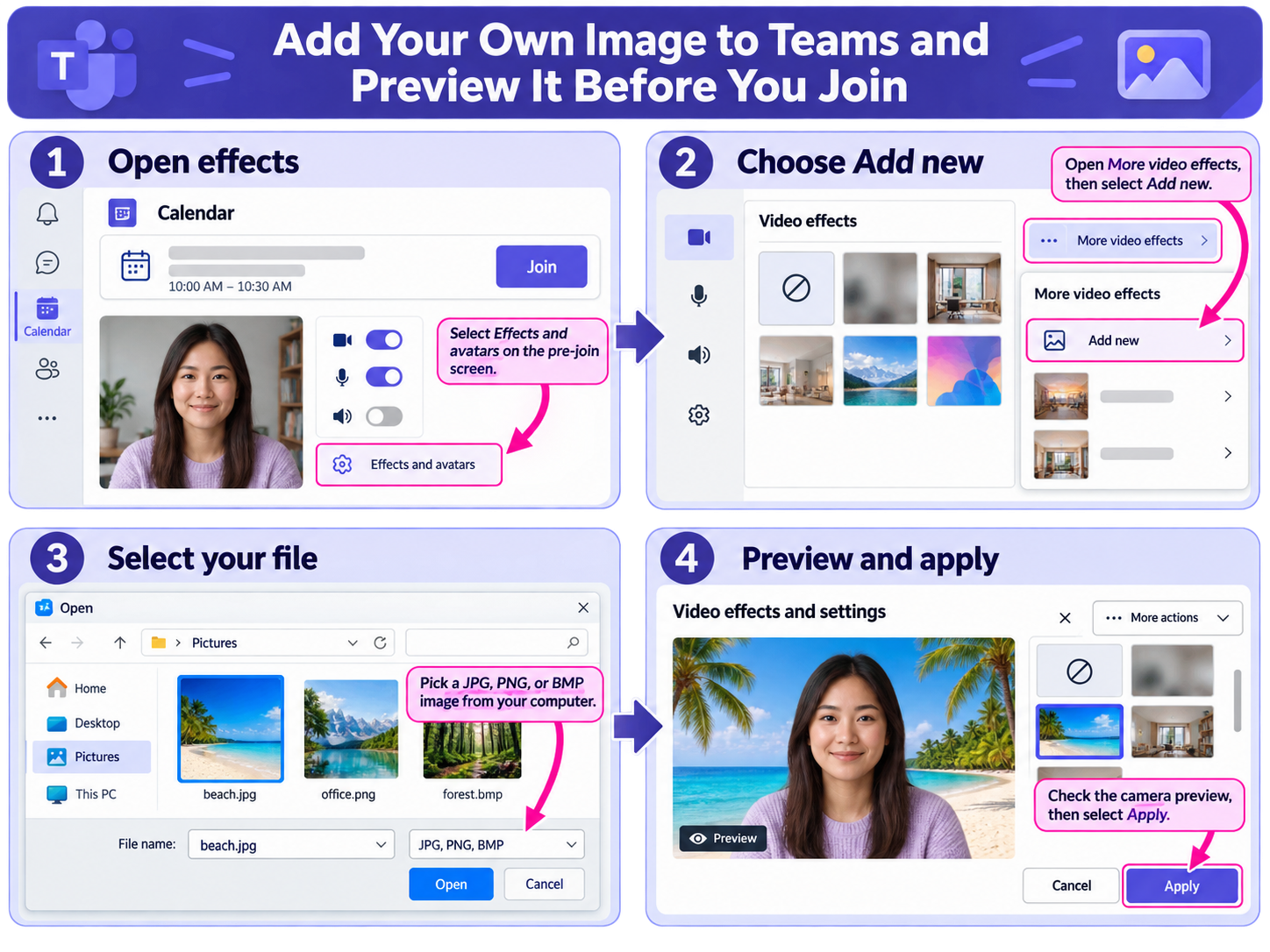 Four-panel Teams workflow showing Effects and avatars, Add new, the image file picker, and Preview with Apply