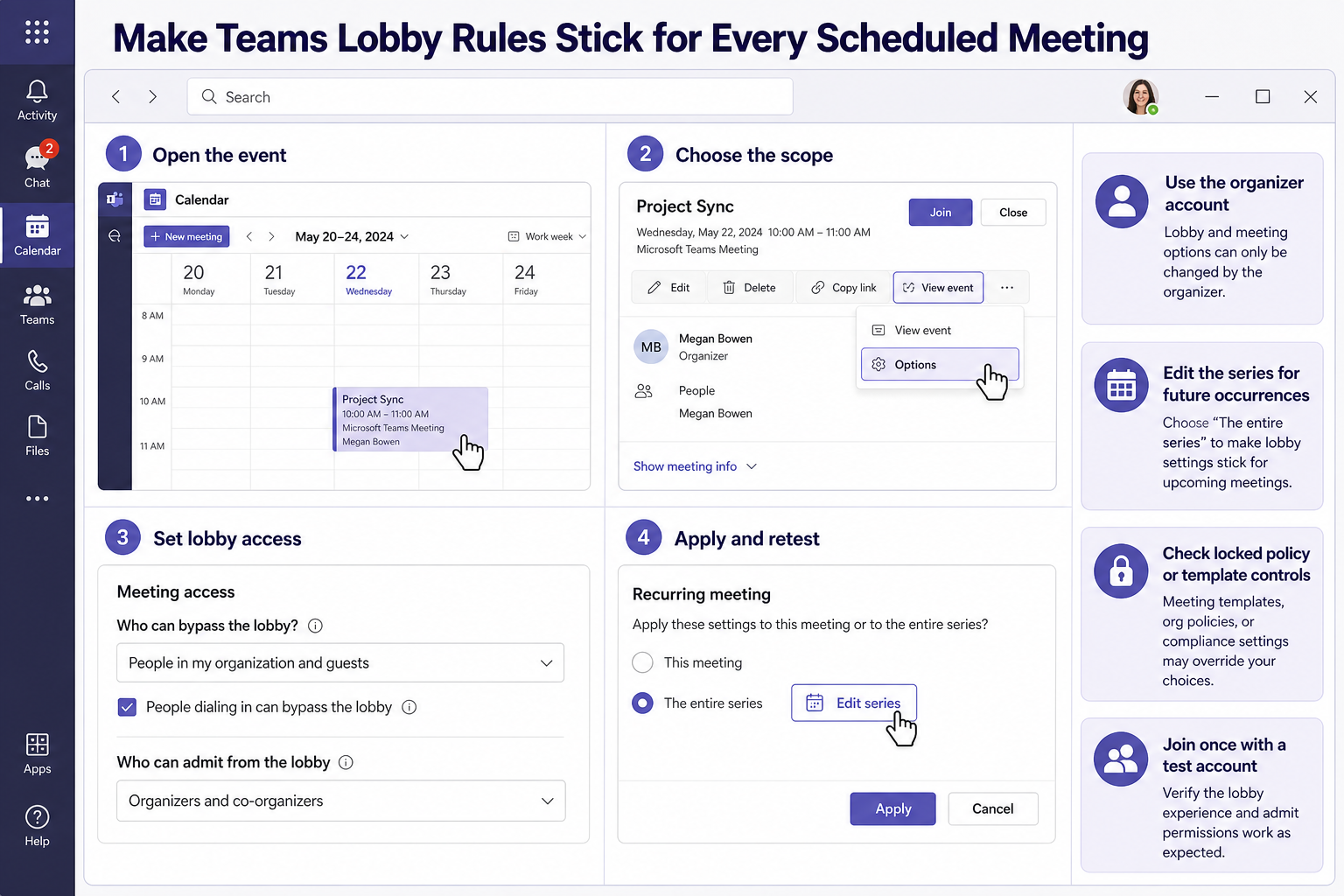 Teams Calendar and Meeting access workflow for changing lobby settings on a recurring meeting