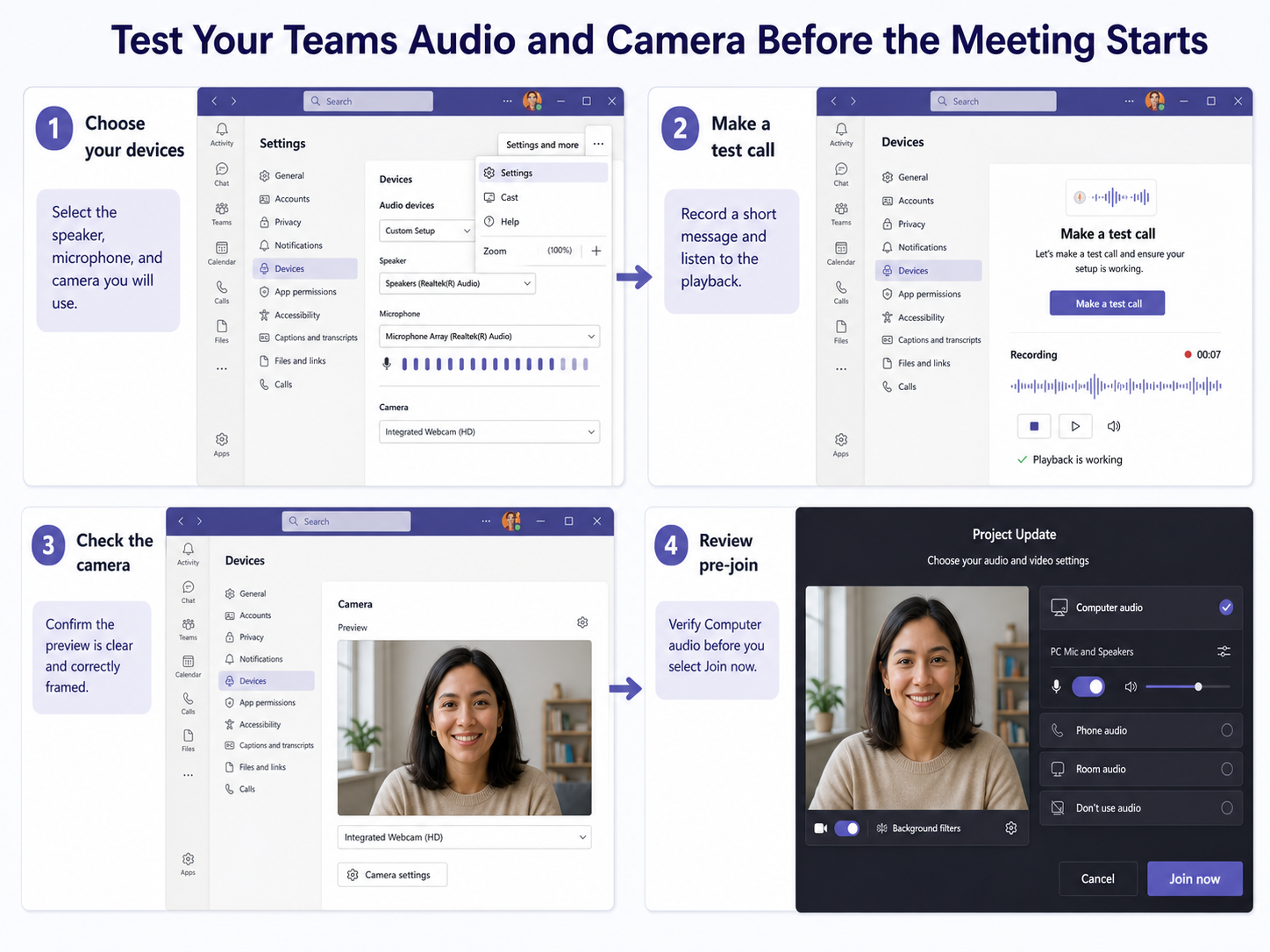 Teams desktop workflow for testing the microphone, speaker, camera, and pre-join screen