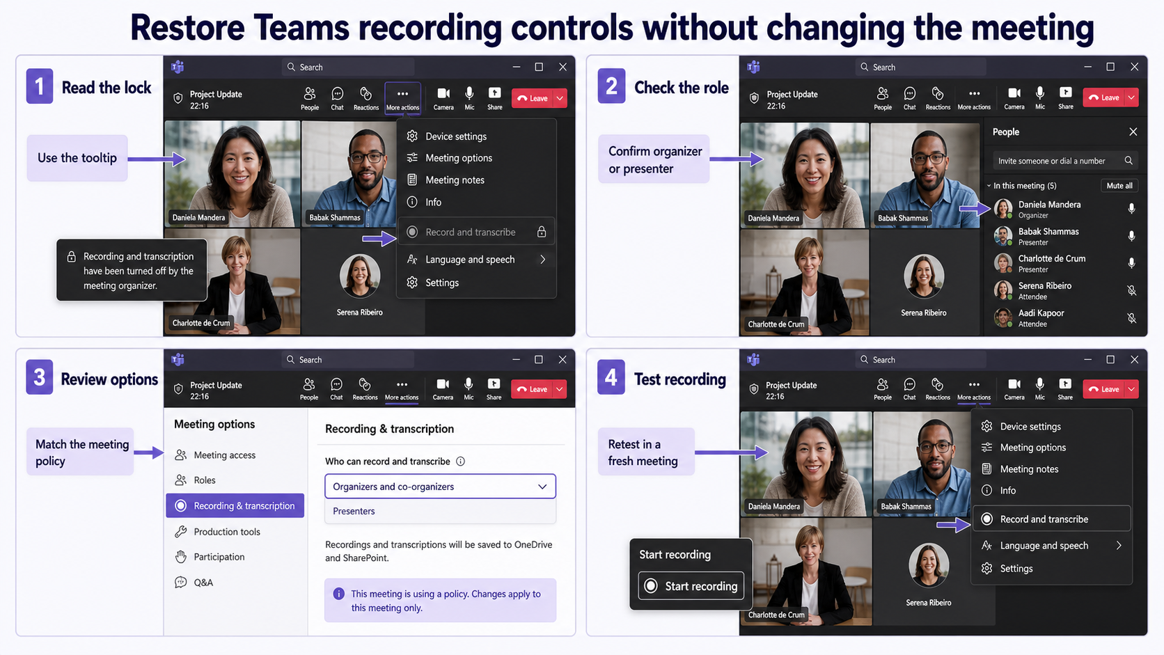 Teams meeting recording permission diagnosis across meeting options and live controls