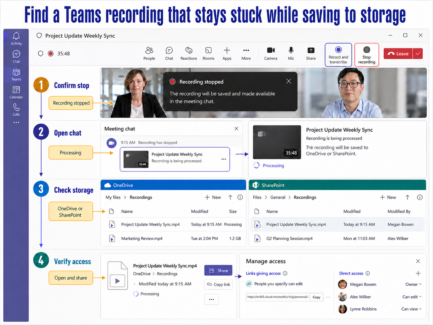 Find a Teams recording that stays stuck while saving to storage