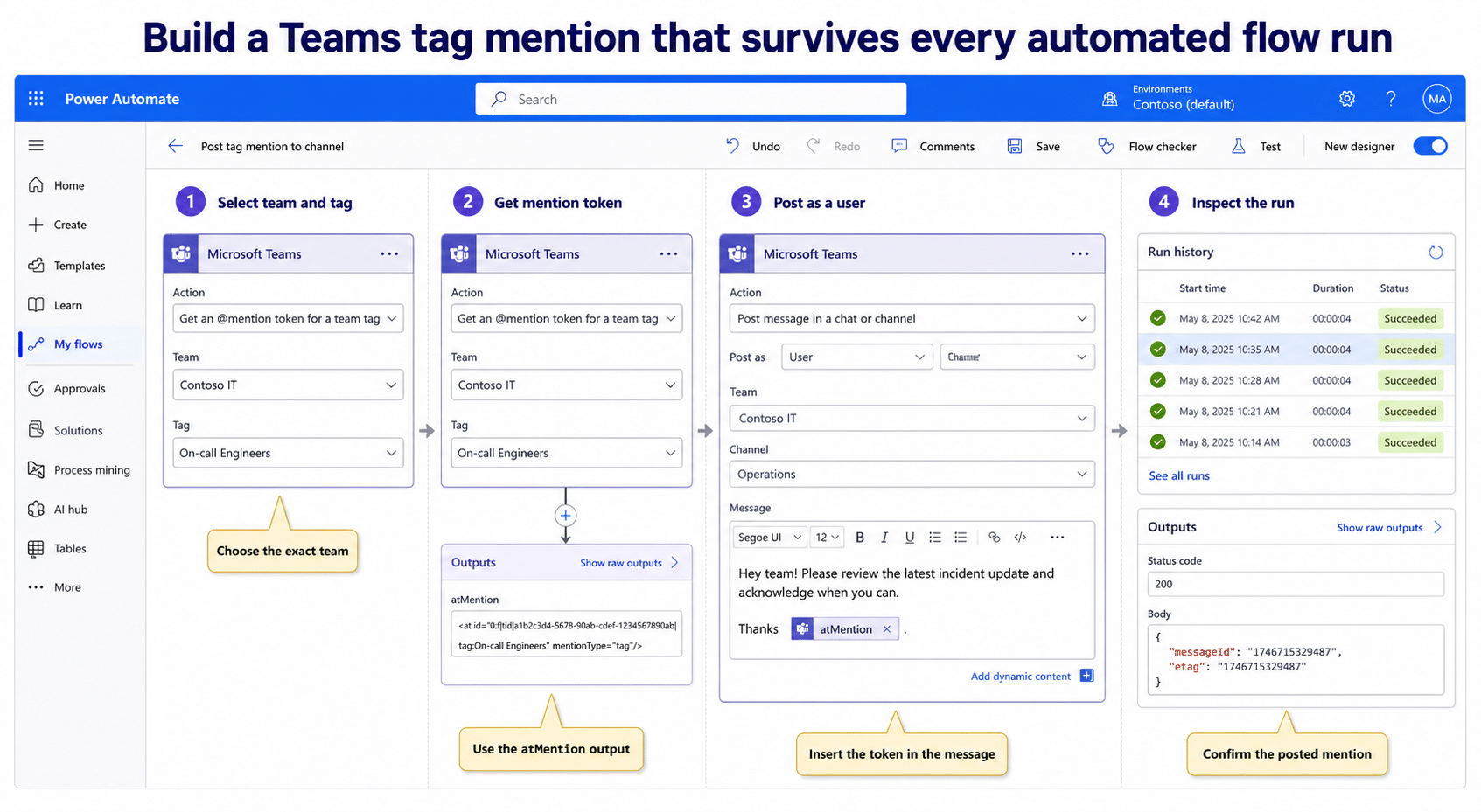 Power Automate designer connecting a Teams tag token to a channel message