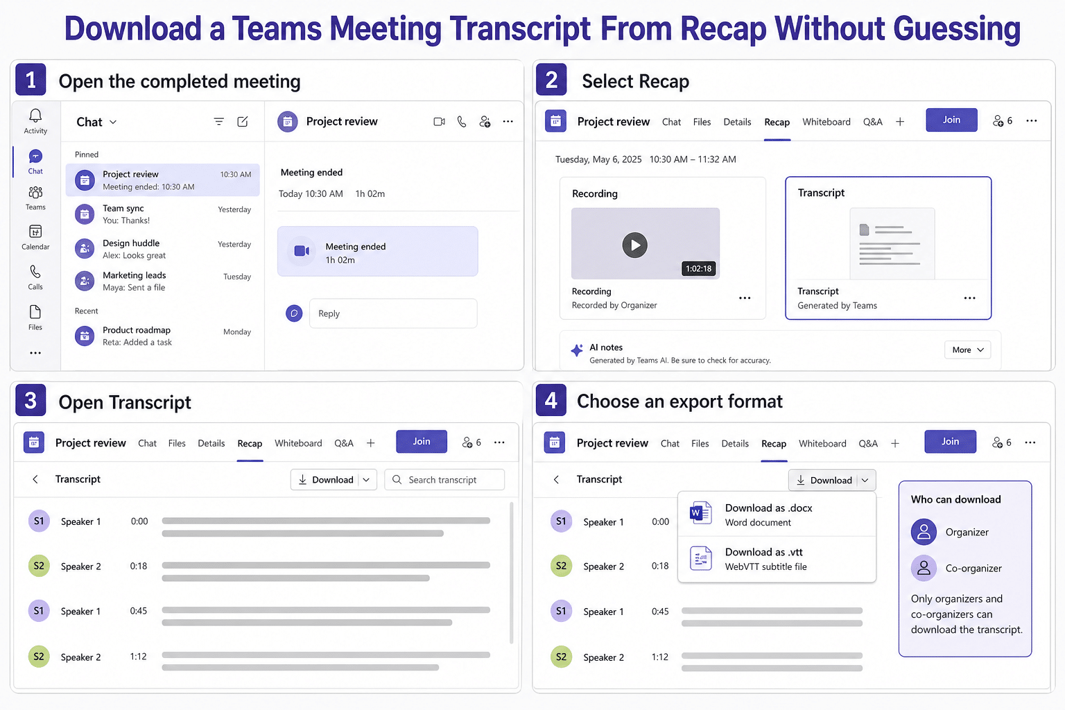 Teams meeting recap transcript workflow showing Chat, Recap, Transcript, Download, DOCX, and VTT