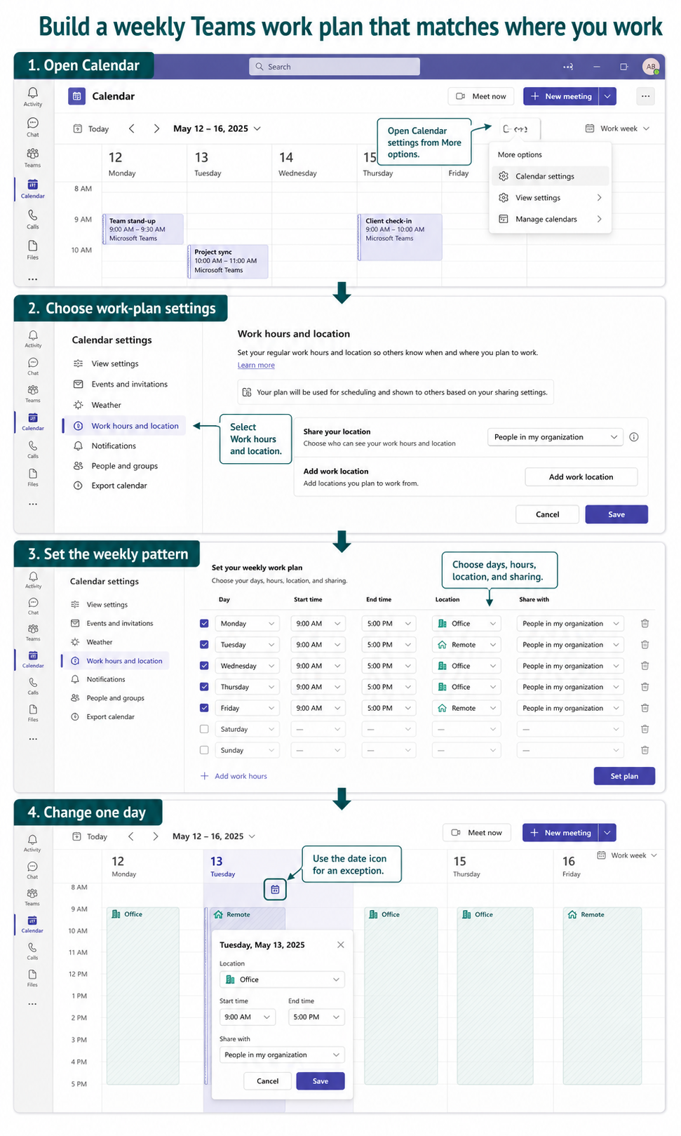 Vertical Microsoft Teams workflow for setting weekly work hours, locations, and a one-day exception