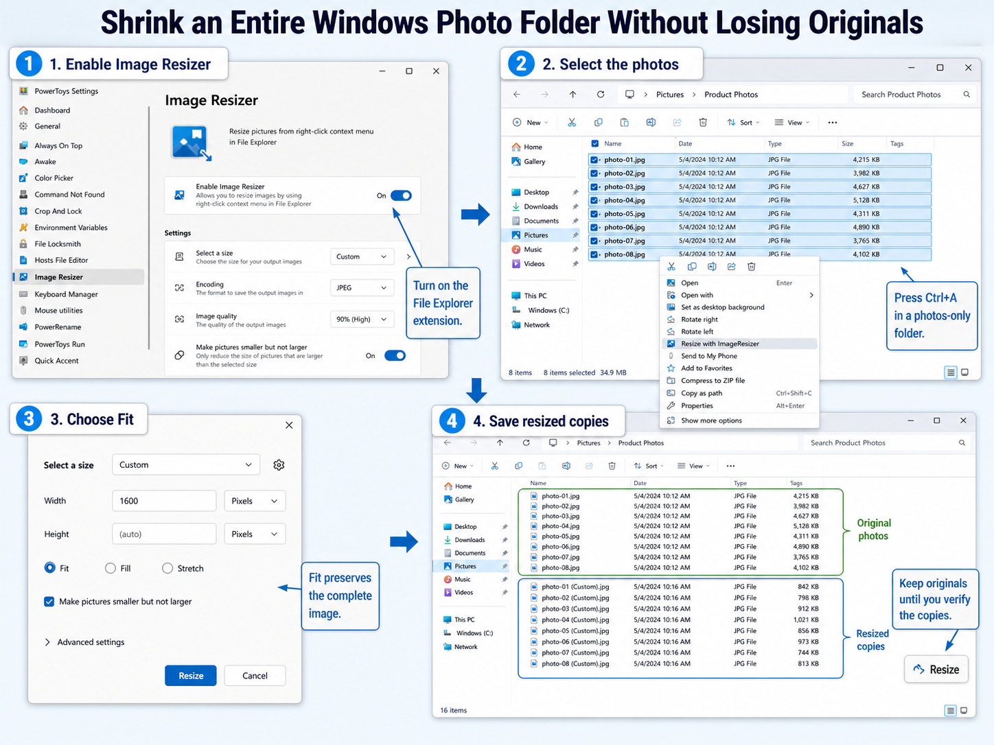 Windows 11 PowerToys workflow for resizing every photo in a folder