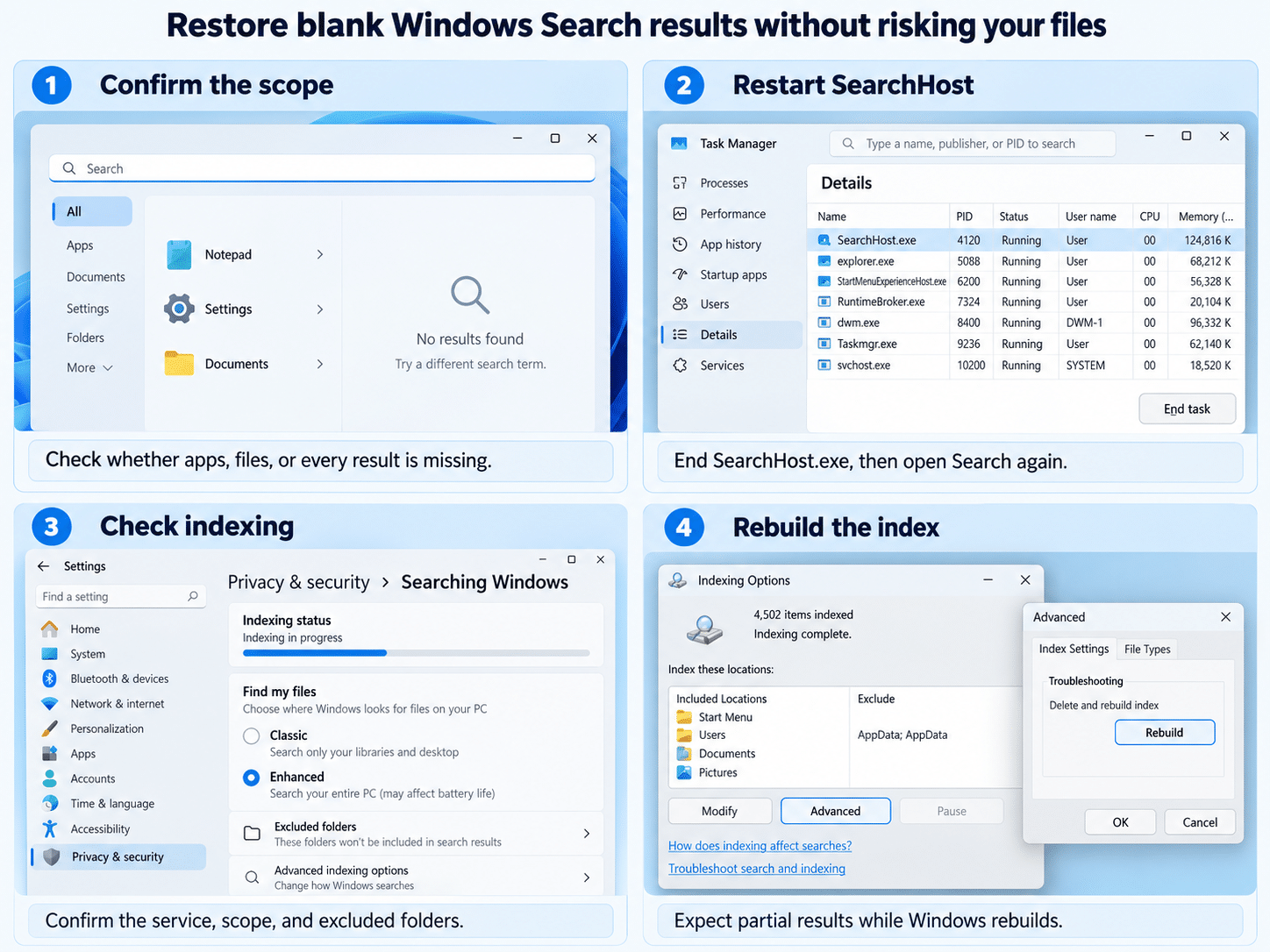 Windows 11 workflow for restoring an empty Search results panel